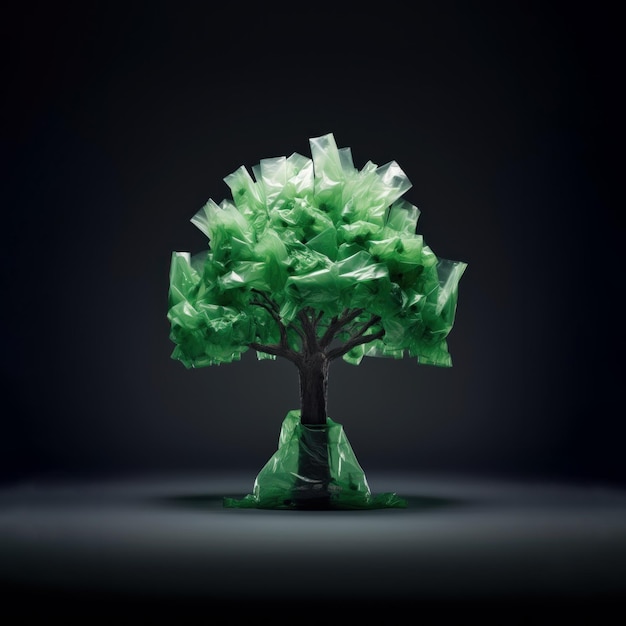 Árvore com folhas feitas de sacos de plástico verdes Poluição de resíduos plásticos fundo conceitual