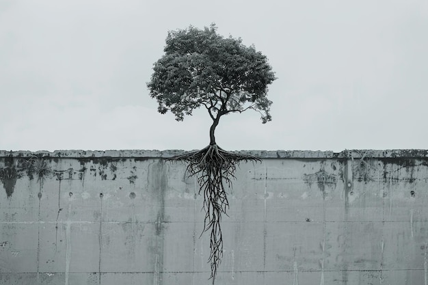 Árvore com raízes quebrando a parede de concreto em direção ao céu