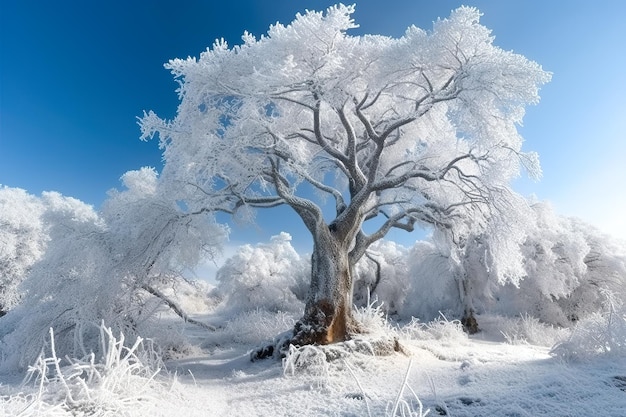 Árvore congelada no campo de inverno e céu azul