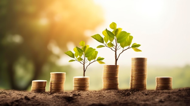 Árvore crescendo em moedas e conceito de lâmpada economizando dinheiro com energia gerada ai