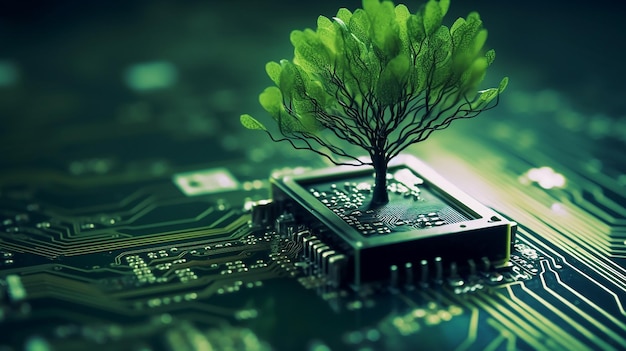 Árvore crescendo no ponto de convergência do circuito de computador 3D