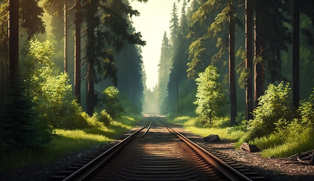 Árvore da floresta e rio ao longo de uma ferrovia em um verão