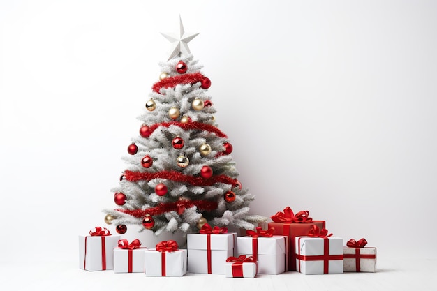 Árvore de abeto de Natal decorada com caixas de presentes em fundo branco