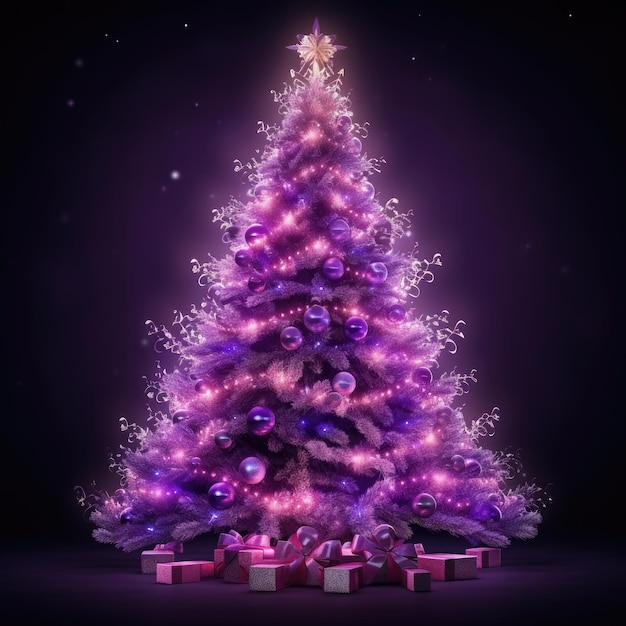 Árvore de abeto mágico roxo brilhante de Natal em fundo roxo Conteúdo de IA generativa