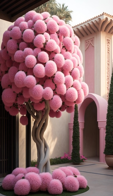 Árvore de balão rosa no jardim