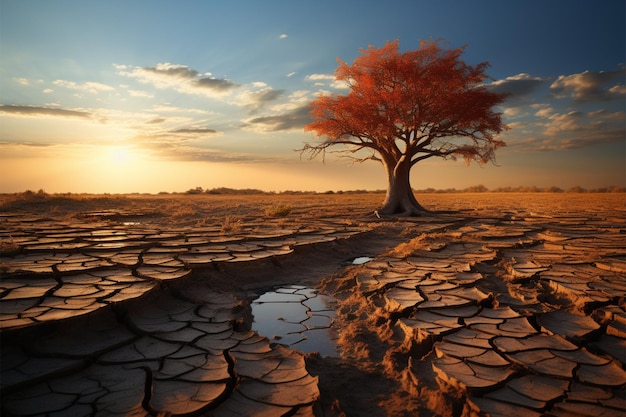 Árvore de berços de solo árido ilustrando mudanças climáticas efeitos da crise hídrica em meio ao aquecimento global