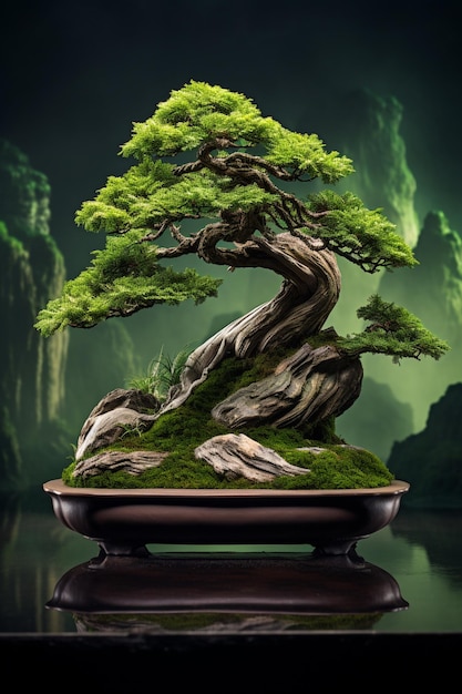 Árvore de bonsai arrefecida em uma panela com musgo em uma mesa generativa ai