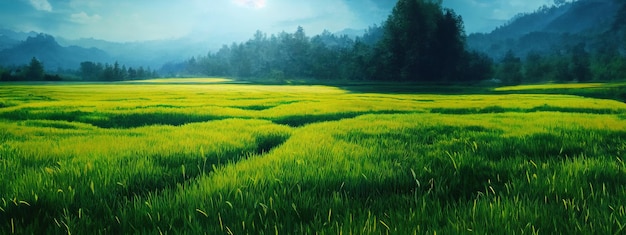 Árvore de campo verde e céu azul ótimos como fundo de banner web generativo ai