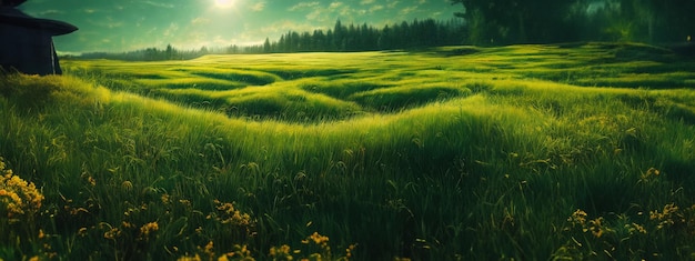 Árvore de campo verde e céu azul ótimos como fundo de banner web generativo ai