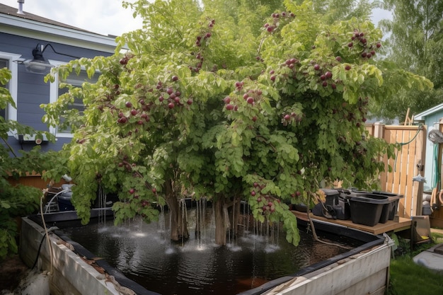 Árvore de cerejeira cercada por aquaponia e sistemas hidropônicos criados com IA generativa