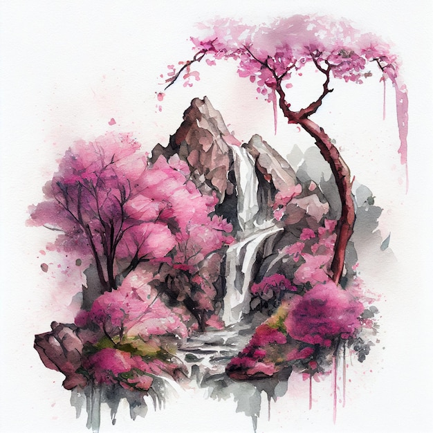 Árvore de cerejeira em aquarela sakura com flores cor de rosa e ilustração de paisagem de cachoeira