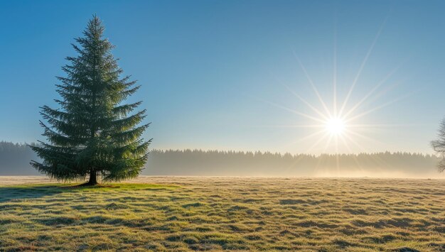 Árvore de coníferas solitária em um prado nebuloso ao nascer do sol