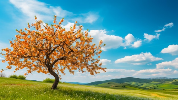 Árvore de damasco florescendo no prado verde primavera lindo céu azul com nuvens copiam espaço para texto
