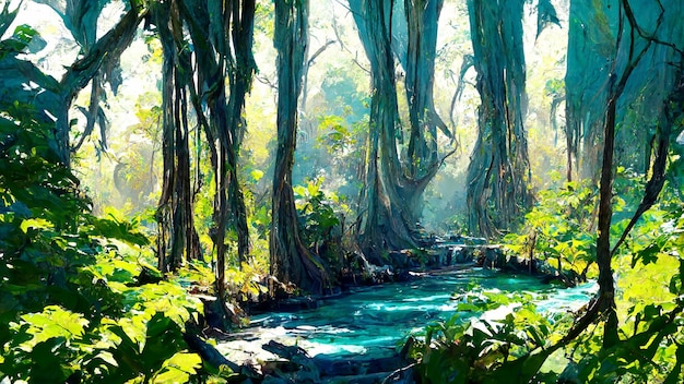 Árvore de estilo maia da floresta e ilustração 3D de fluxo