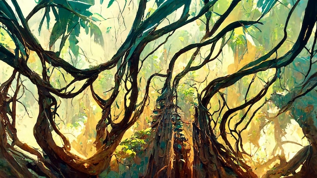 Árvore de estilo maia da floresta e ilustração 3D de fluxo