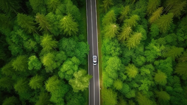 Árvore de floresta aérea com vista superior com conceito de ambiente de ecossistema de carro Estrada rural passando pela floresta verde e montanha