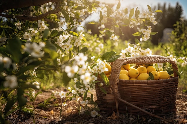 Árvore de limão cheia de frutos amarelos e flores brancas Abelhas zumbem ao redor Suave vintage sentir generativo IA