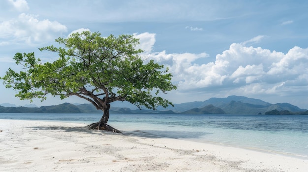 Árvore de mangue verde em uma praia de areia branca