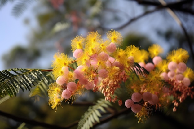 Árvore de mimosa em plena floração com flores amarelas e rosa