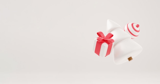 Árvore de Natal 3D com caixa de presente e fundo branco de bola, cartaz de Natal, banner da web. 3d ilustração estilo minimalista conceito de natal e ano novo