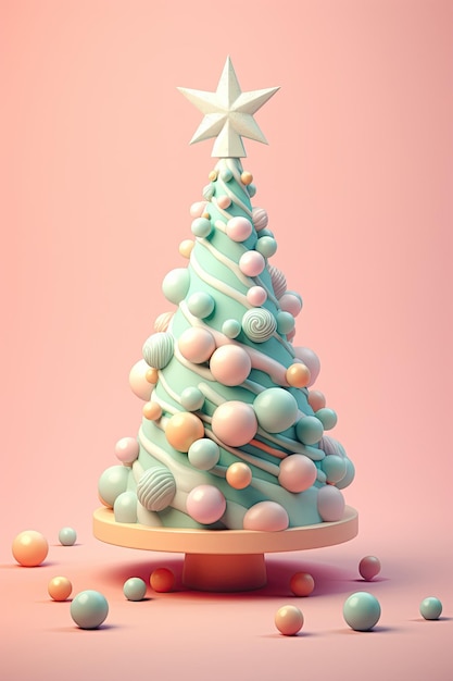 Árvore de Natal 3D gradiente cores pastel fundo vertical Cores doces fofas Decoração de Natal feita com formas geométricas borbulhantes para bases de eventos cartões postais de saudação AI Conteúdo generativo