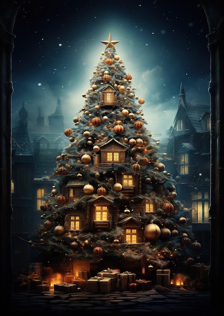 Árvore de Natal abstrata de fantasia com luzes Generative Ai