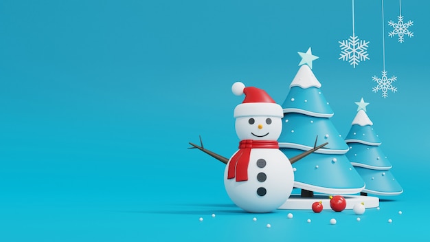 Árvore de Natal, boneco de neve e caixa de presente em azul