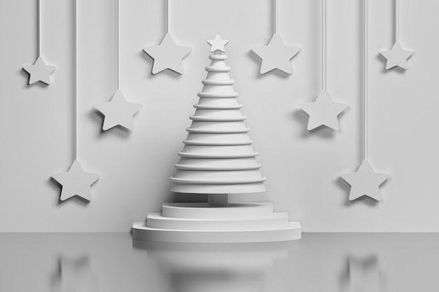 Árvore de Natal branco conceito em um pedestal decorado com anéis e grandes estrelas penduradas na parede