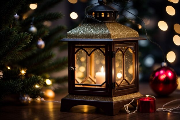 Árvore de Natal brilhando na mesa com decoração e luzes de cordas