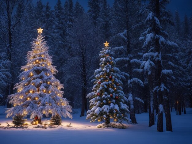 Árvore de Natal brilhante contra um fundo azul na neve