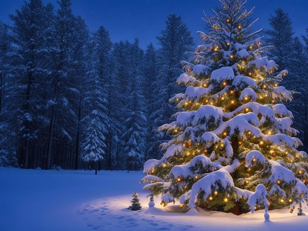 Árvore de Natal brilhante contra um fundo azul na neve