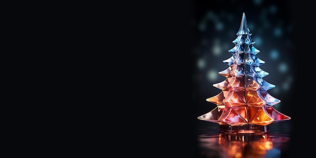 Árvore de Natal brilhante de vidro colorido contra luzes bokeh em fundo preto Copiar espaço
