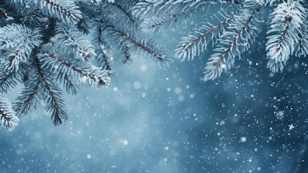 Árvore de Natal coberta de neve em um fundo de inverno com copyspace em close-up
