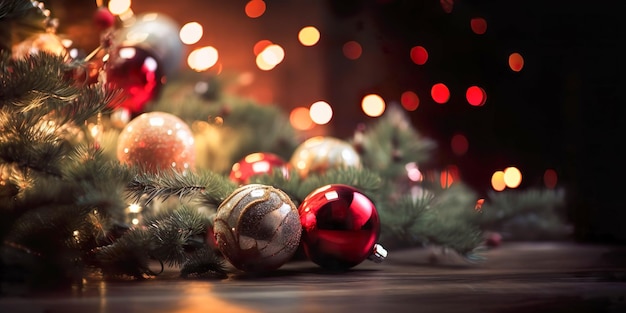 Árvore de Natal com bolas vermelhas de decoração e luzes em fundo desfocado abstrato guirlandas Bokeh no fundo Conceito de ano novo Gerar Ai