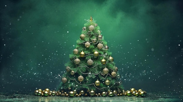 Árvore de Natal com bolinhas e decorações em um fundo verde