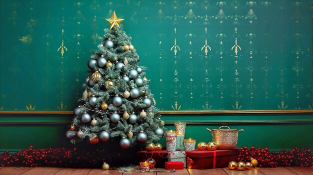 Árvore de Natal com bolinhas e decorações em um fundo verde