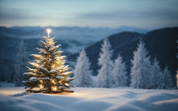 Árvore de Natal com bolinhas na floresta de inverno nevada criada por tecnologia de IA generativa