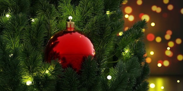 Árvore de Natal com bugiganga de cor vermelha e luzes de Natal em fundo bokeh fechar 3d