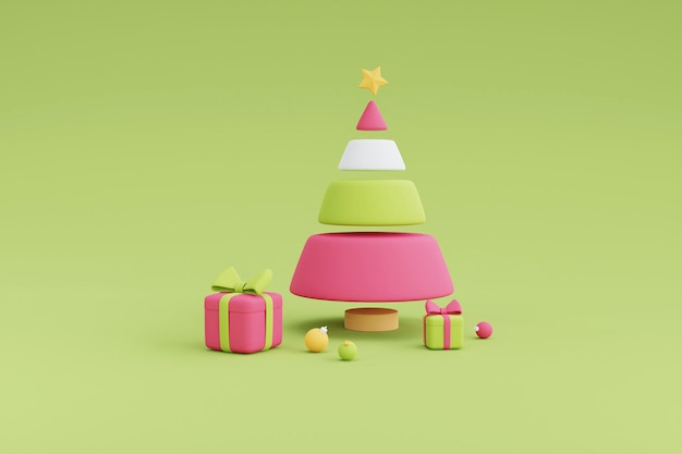 Árvore de Natal com caixas de presente, design 3d mínimo Xmas Decorations.3d render ilustração.