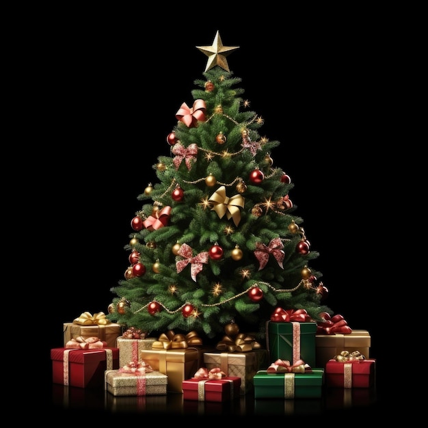 Árvore de Natal com caixas de presentes com arcos isolados em fundo preto ilustração desenhada em estilo de desenho animado Presentes de Natal ou Ano Novo