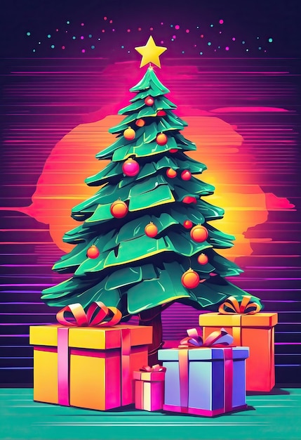 Árvore de Natal com caixas de presentes Ilustração retrô em cores de néon com efeito de falha Estilo Vaporwave