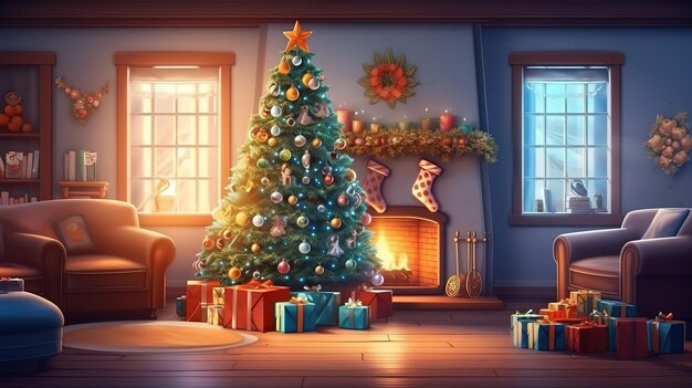 Árvore de Natal com decorações de Natal na sala de estar com lareira Generative Ai