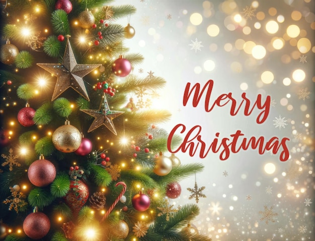 Árvore de Natal com decorações em fundo bokeh Feliz Natal e Feliz Ano Novo