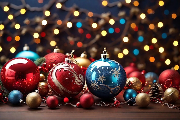 Árvore de Natal com decorações em fundo desfocado em close-up Espaço para texto