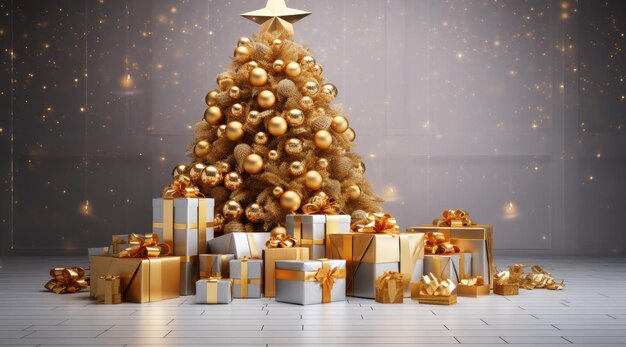 Árvore de Natal com enfeites de ouro e presentes no chão Feliz Natal