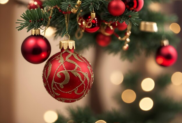 Árvore de Natal com enfeites de ouro vermelho e enfeites em fundo desfocado de luzes bokeh