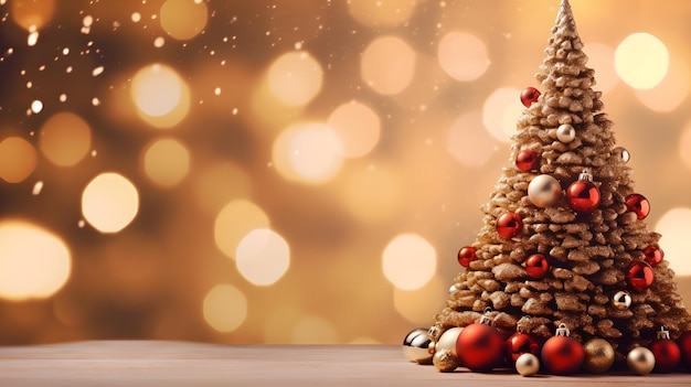 Árvore de Natal com enfeites e luzes brilhantes desfocadas à direita do bokeh arquivado