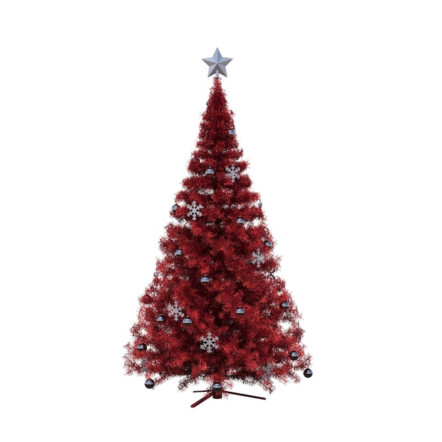 Árvore de Natal com enfeites, isolado no fundo branco, ilustração 3D, renderização cg