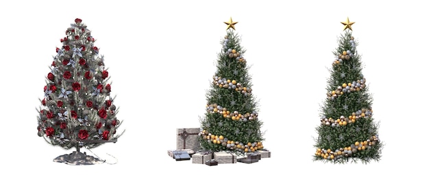 Árvore de Natal com enfeites, isolado no fundo branco, ilustração 3D, renderização cg
