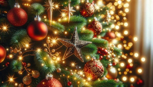 Árvore de Natal com estrelas e luzes em fundo bokeh